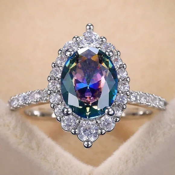*NEW 925 Sterling Silver Mystic Topaz Halo Ring - Picture 1 of 9